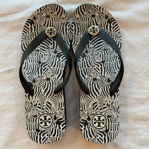 Tory Burch Platform Flip Flop Zebra Print Deep Brown and White Size 10